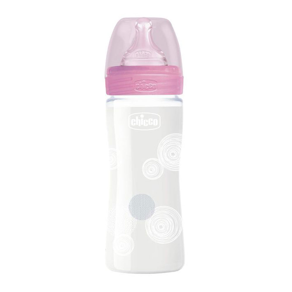 BIBERON EN VERRE ROSE 240mL CHICCO SIL WELL BEING